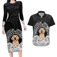 Personalised Dog Couples Matching Long Sleeve Bodycon Dress and Hawaiian Shirt Golden Retriever With Polynesian Tapa Arch LT7 - Wonder Print Shop