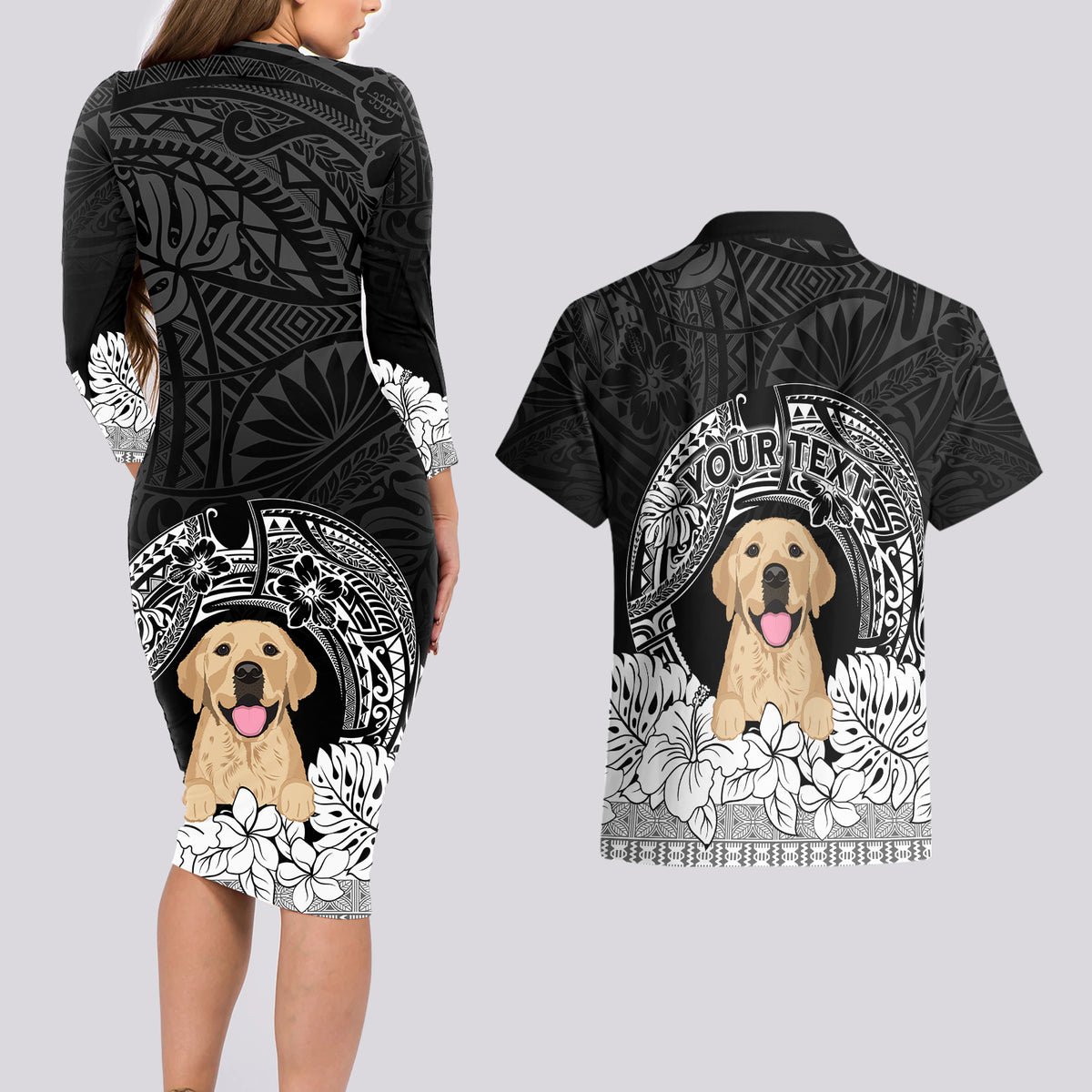 Personalised Dog Couples Matching Long Sleeve Bodycon Dress and Hawaiian Shirt Golden Retriever With Polynesian Tapa Arch LT7 - Wonder Print Shop