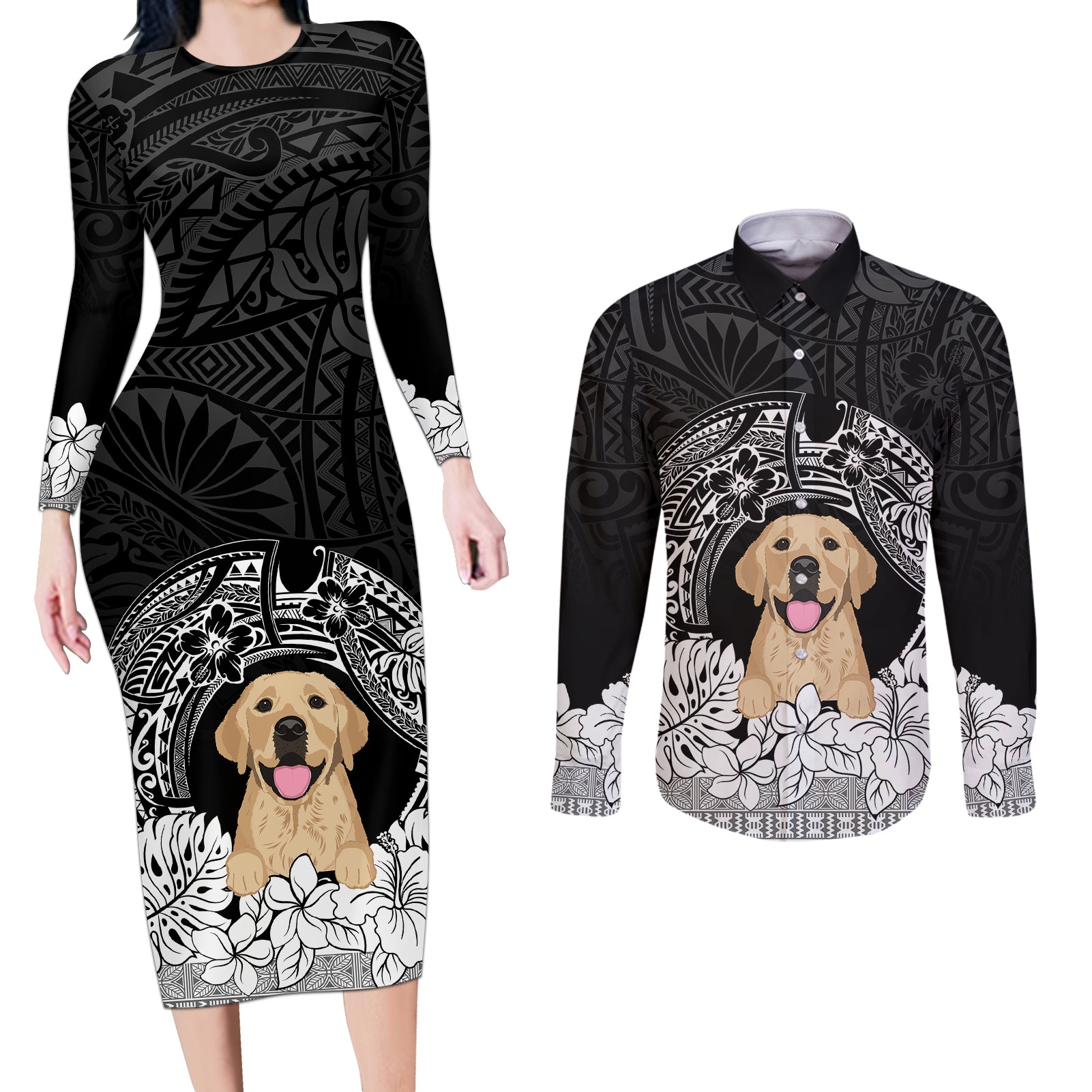 Personalised Dog Couples Matching Long Sleeve Bodycon Dress and Long Sleeve Button Shirts Golden Retriever With Polynesian Tapa Arch LT7 - Wonder Print Shop