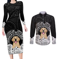 Personalised Dog Couples Matching Long Sleeve Bodycon Dress and Long Sleeve Button Shirts Golden Retriever With Polynesian Tapa Arch LT7 - Wonder Print Shop