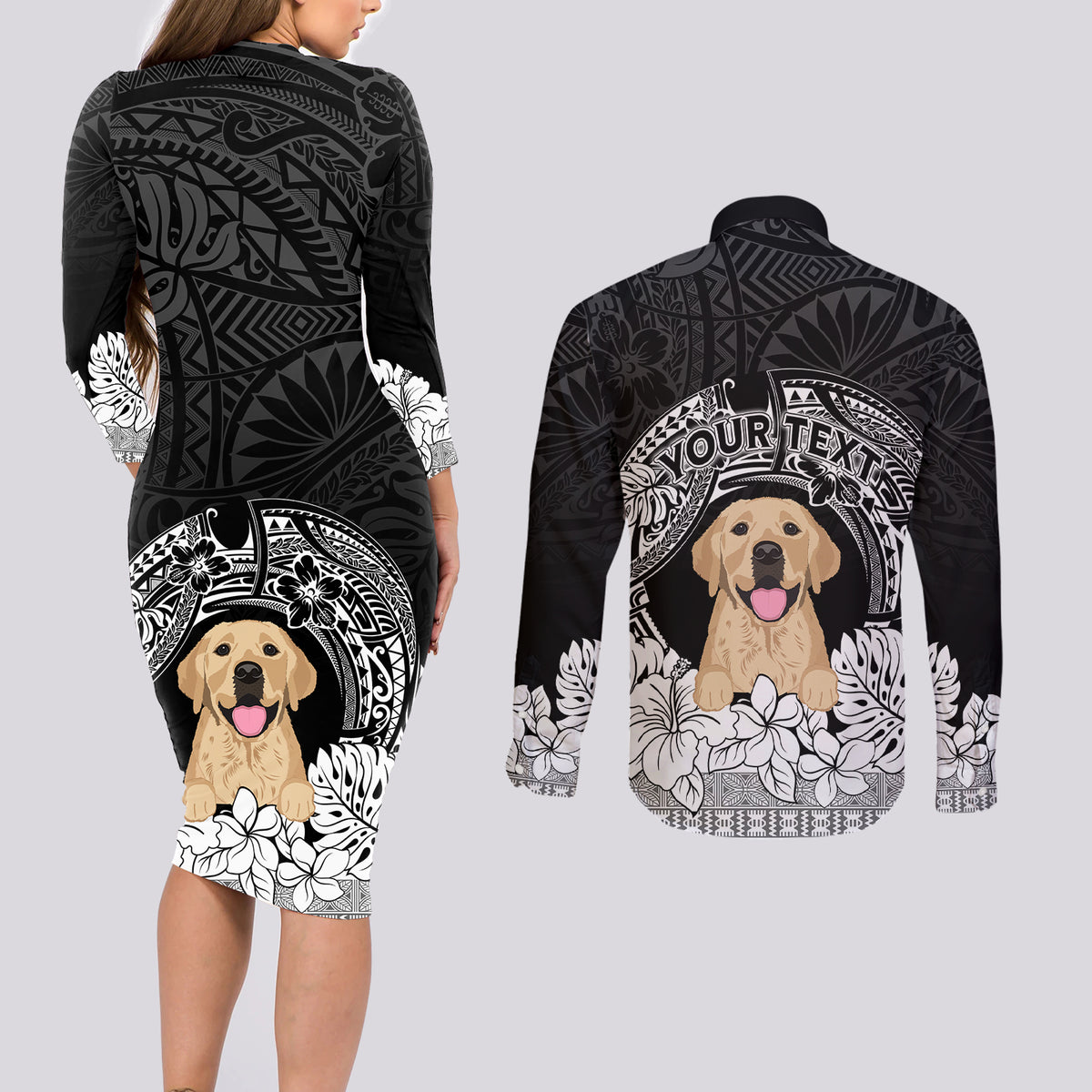 Personalised Dog Couples Matching Long Sleeve Bodycon Dress and Long Sleeve Button Shirts Golden Retriever With Polynesian Tapa Arch LT7 - Wonder Print Shop