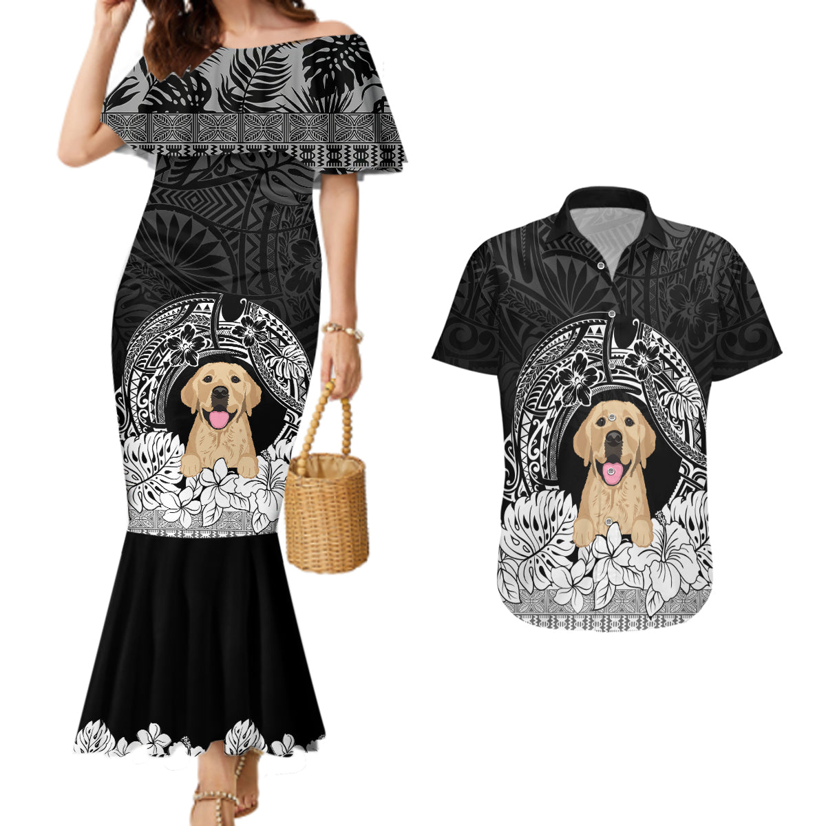 Personalised Dog Couples Matching Mermaid Dress And Hawaiian Shirt Golden Retriever With Polynesian Tapa Arch LT7 - Wonder Print Shop
