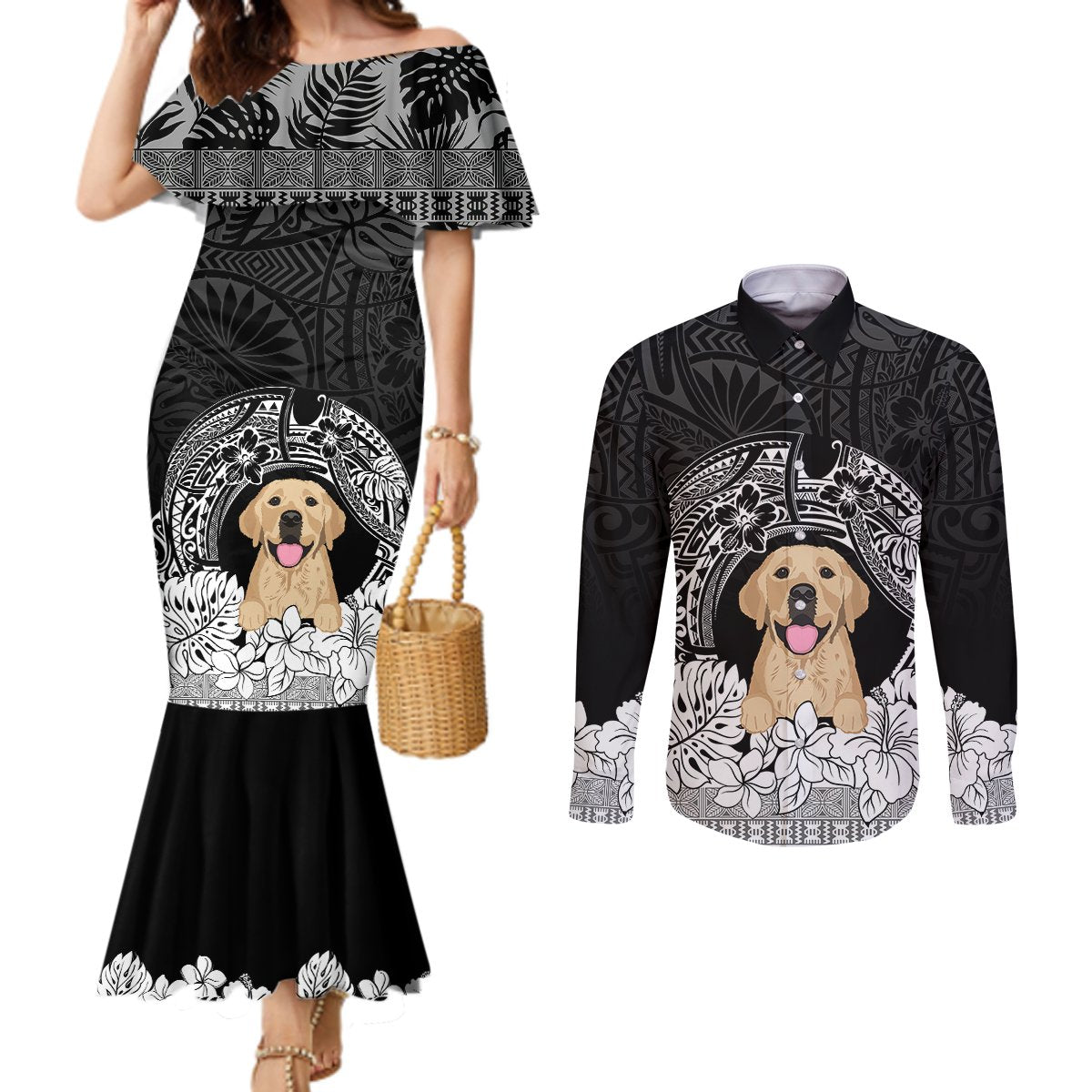 personalised-dog-couples-matching-mermaid-dress-and-long-sleeve-button-shirts-golden-retriever-with-polynesian-tapa-arch