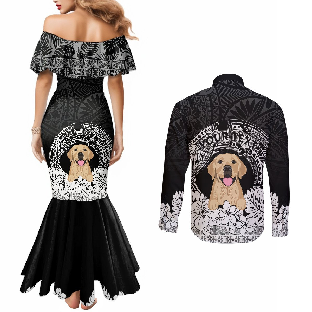 personalised-dog-couples-matching-mermaid-dress-and-long-sleeve-button-shirts-golden-retriever-with-polynesian-tapa-arch