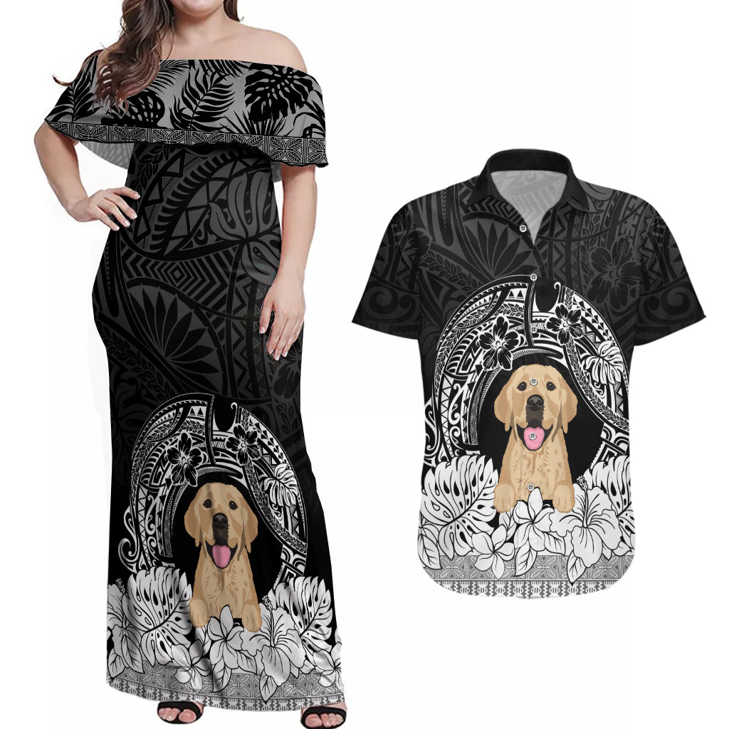 Personalised Dog Couples Matching Off Shoulder Maxi Dress and Hawaiian Shirt Golden Retriever With Polynesian Tapa Arch LT7 - Wonder Print Shop
