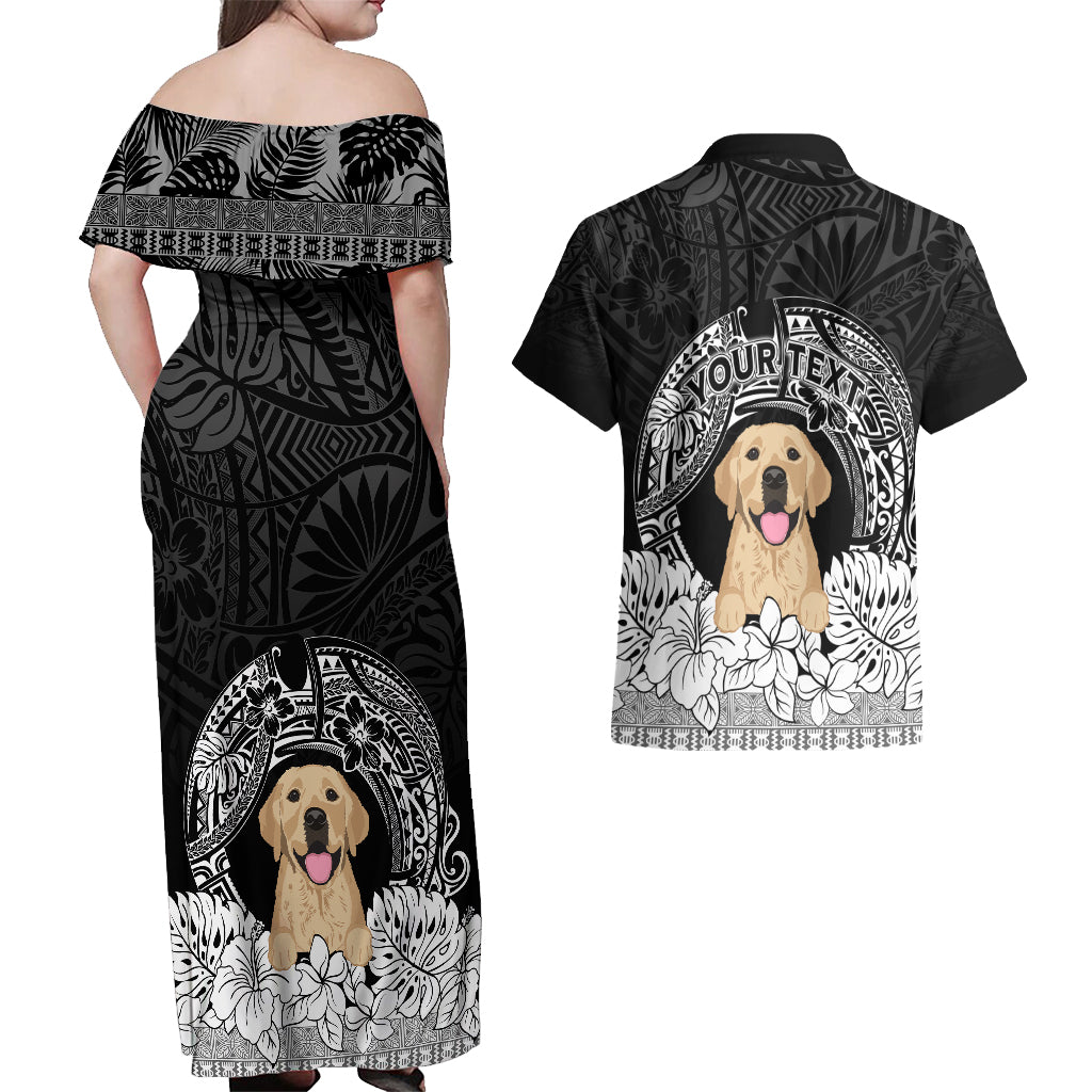 Personalised Dog Couples Matching Off Shoulder Maxi Dress and Hawaiian Shirt Golden Retriever With Polynesian Tapa Arch LT7 - Wonder Print Shop