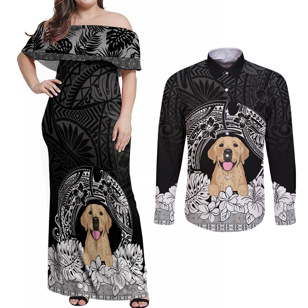 Personalised Dog Couples Matching Off Shoulder Maxi Dress and Long Sleeve Button Shirts Golden Retriever With Polynesian Tapa Arch LT7 - Wonder Print Shop