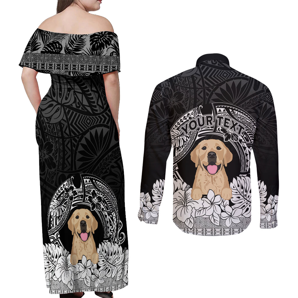 Personalised Dog Couples Matching Off Shoulder Maxi Dress and Long Sleeve Button Shirts Golden Retriever With Polynesian Tapa Arch LT7 - Wonder Print Shop