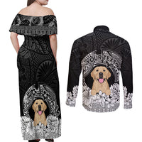 Personalised Dog Couples Matching Off Shoulder Maxi Dress and Long Sleeve Button Shirts Golden Retriever With Polynesian Tapa Arch LT7 - Wonder Print Shop
