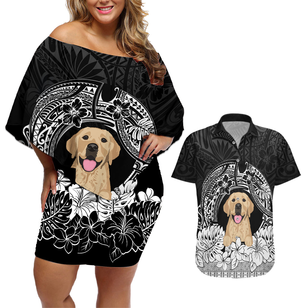 Personalised Dog Couples Matching Off Shoulder Short Dress and Hawaiian Shirt Golden Retriever With Polynesian Tapa Arch LT7 - Wonder Print Shop