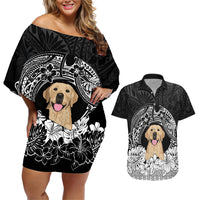 Personalised Dog Couples Matching Off Shoulder Short Dress and Hawaiian Shirt Golden Retriever With Polynesian Tapa Arch LT7 - Wonder Print Shop