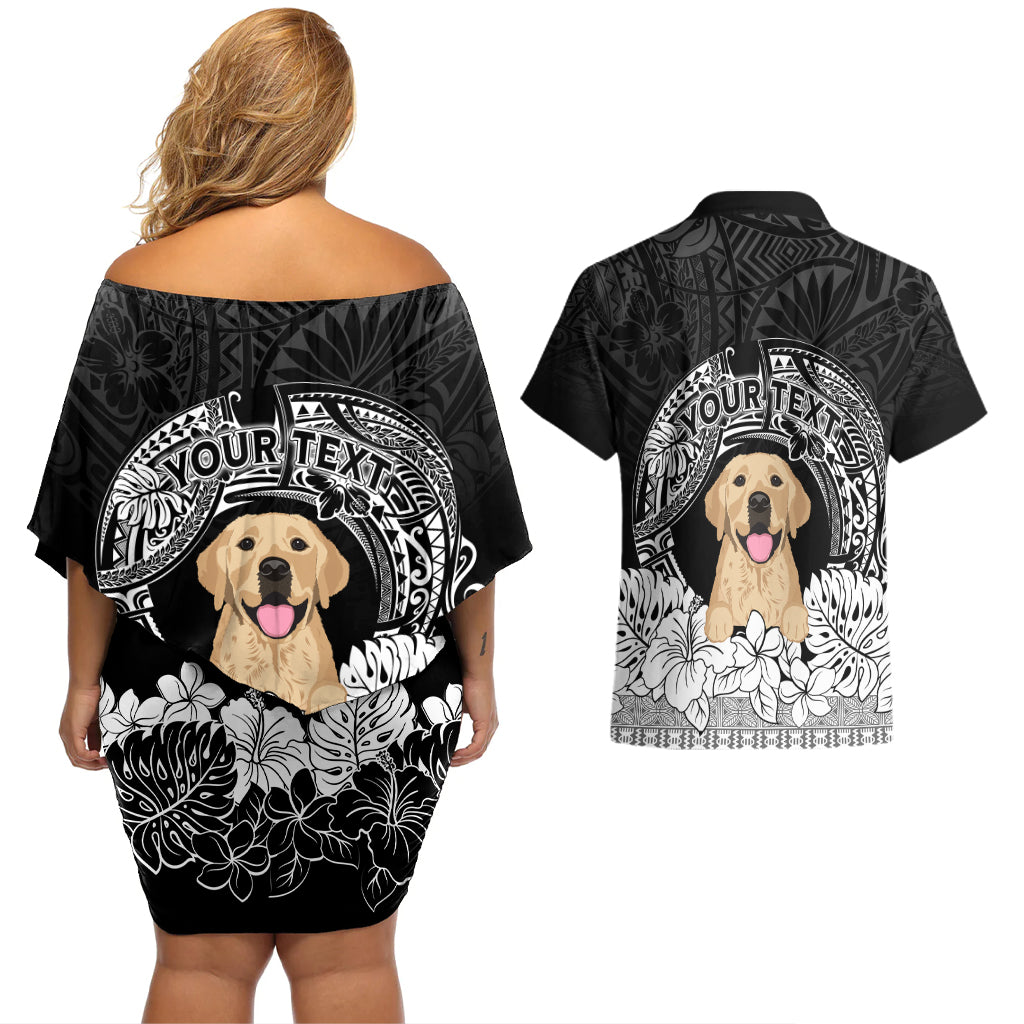Personalised Dog Couples Matching Off Shoulder Short Dress and Hawaiian Shirt Golden Retriever With Polynesian Tapa Arch LT7 - Wonder Print Shop