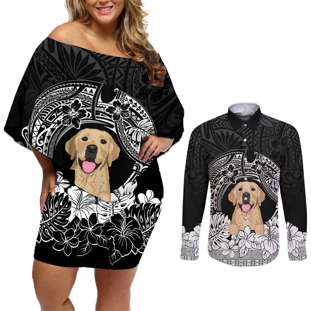 Personalised Dog Couples Matching Off Shoulder Short Dress and Long Sleeve Button Shirts Golden Retriever With Polynesian Tapa Arch LT7 - Wonder Print Shop