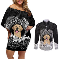 Personalised Dog Couples Matching Off Shoulder Short Dress and Long Sleeve Button Shirts Golden Retriever With Polynesian Tapa Arch LT7 - Wonder Print Shop