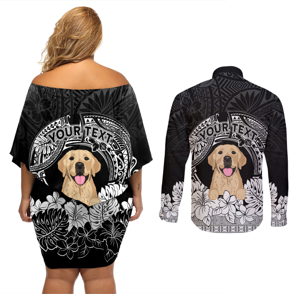 Personalised Dog Couples Matching Off Shoulder Short Dress and Long Sleeve Button Shirts Golden Retriever With Polynesian Tapa Arch LT7 - Wonder Print Shop