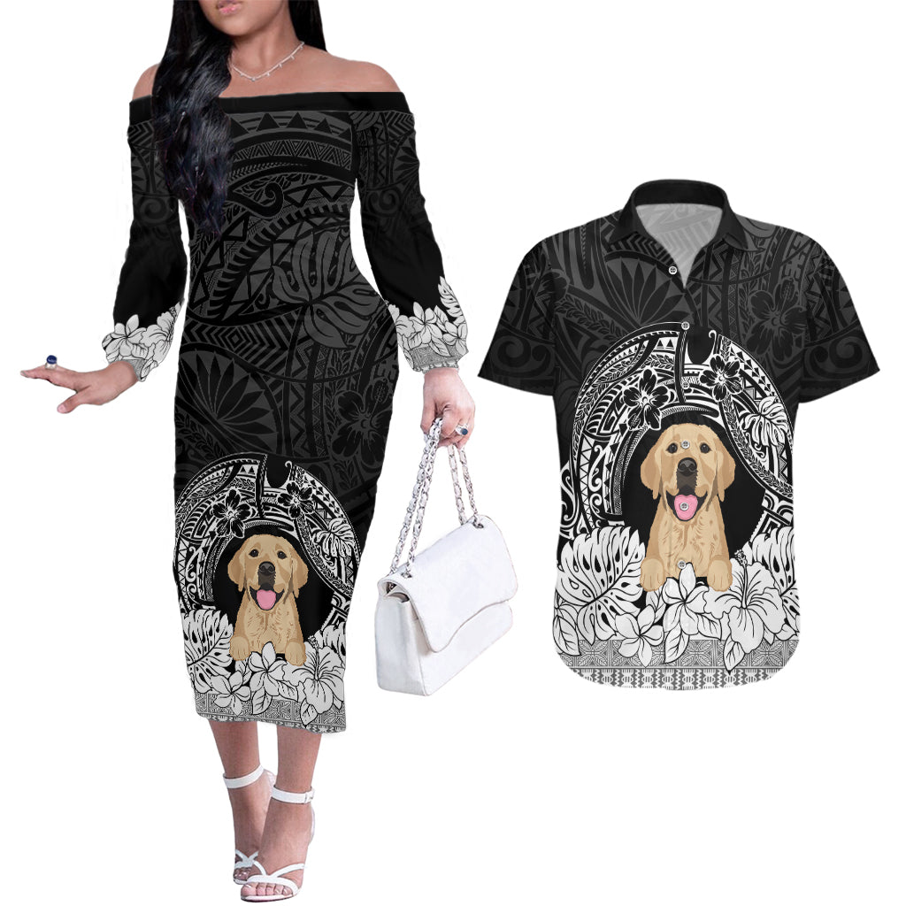 Personalised Dog Couples Matching Off The Shoulder Long Sleeve Dress and Hawaiian Shirt Golden Retriever With Polynesian Tapa Arch LT7 - Wonder Print Shop