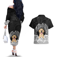 Personalised Dog Couples Matching Off The Shoulder Long Sleeve Dress and Hawaiian Shirt Golden Retriever With Polynesian Tapa Arch LT7 - Wonder Print Shop