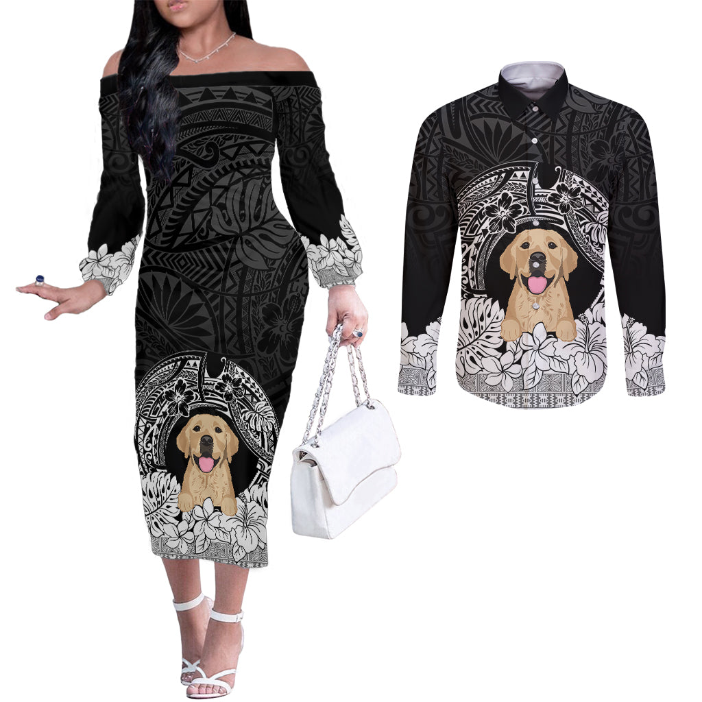 personalised-dog-couples-matching-off-the-shoulder-long-sleeve-dress-and-long-sleeve-button-shirts-golden-retriever-with-polynesian-tapa-arch