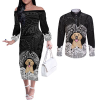 personalised-dog-couples-matching-off-the-shoulder-long-sleeve-dress-and-long-sleeve-button-shirts-golden-retriever-with-polynesian-tapa-arch