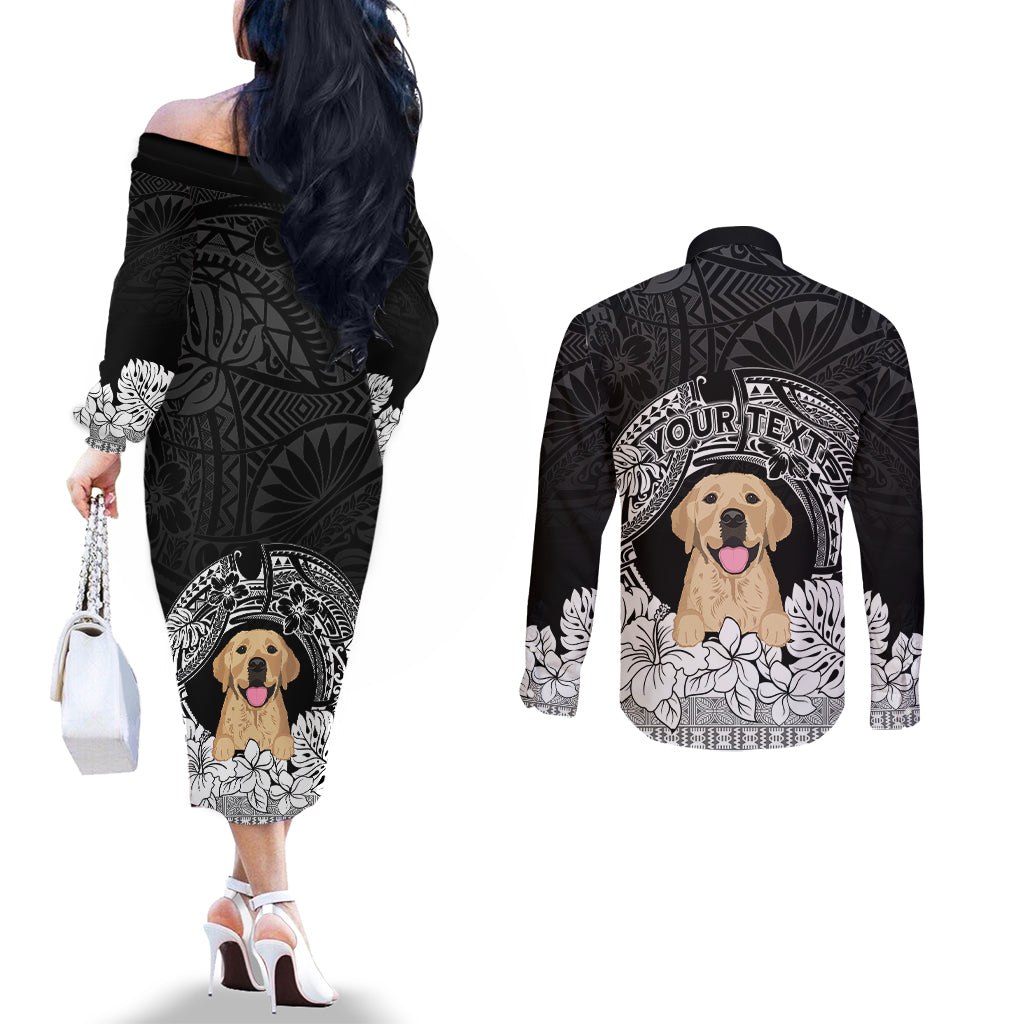 personalised-dog-couples-matching-off-the-shoulder-long-sleeve-dress-and-long-sleeve-button-shirts-golden-retriever-with-polynesian-tapa-arch