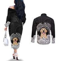 personalised-dog-couples-matching-off-the-shoulder-long-sleeve-dress-and-long-sleeve-button-shirts-golden-retriever-with-polynesian-tapa-arch