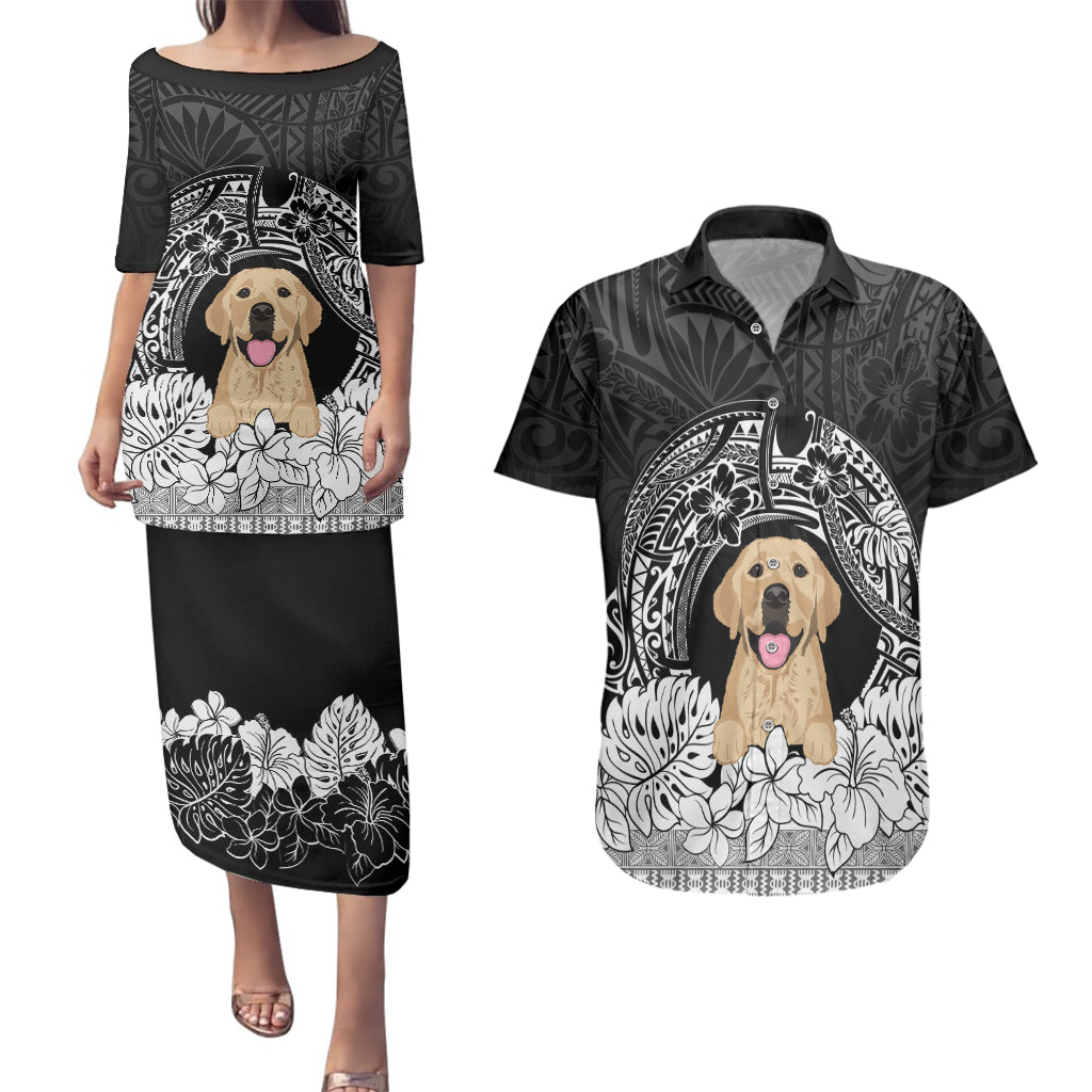 Personalised Dog Couples Matching Puletasi Dress and Hawaiian Shirt Golden Retriever With Polynesian Tapa Arch LT7 - Wonder Print Shop