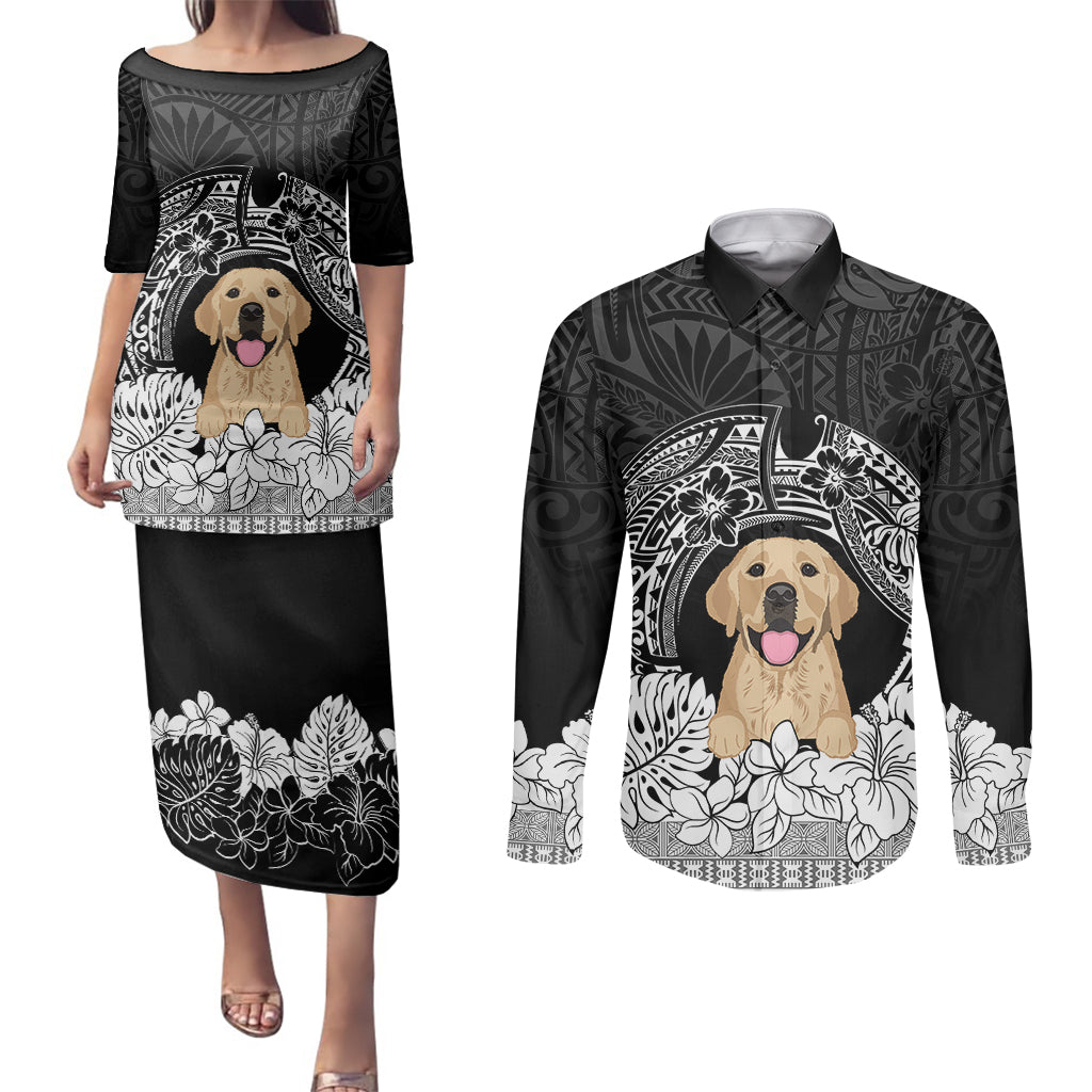 Personalised Dog Couples Matching Puletasi Dress and Long Sleeve Button Shirts Golden Retriever With Polynesian Tapa Arch LT7 - Wonder Print Shop