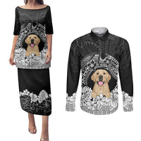 Personalised Dog Couples Matching Puletasi Dress and Long Sleeve Button Shirts Golden Retriever With Polynesian Tapa Arch LT7 - Wonder Print Shop