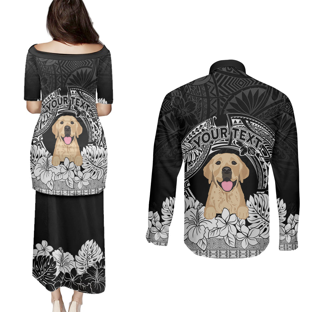 Personalised Dog Couples Matching Puletasi Dress and Long Sleeve Button Shirts Golden Retriever With Polynesian Tapa Arch LT7 - Wonder Print Shop