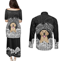 Personalised Dog Couples Matching Puletasi Dress and Long Sleeve Button Shirts Golden Retriever With Polynesian Tapa Arch LT7 - Wonder Print Shop