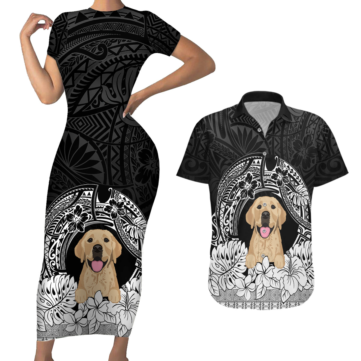Personalised Dog Couples Matching Short Sleeve Bodycon Dress and Hawaiian Shirt Golden Retriever With Polynesian Tapa Arch LT7 - Wonder Print Shop