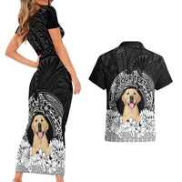 Personalised Dog Couples Matching Short Sleeve Bodycon Dress and Hawaiian Shirt Golden Retriever With Polynesian Tapa Arch LT7 - Wonder Print Shop