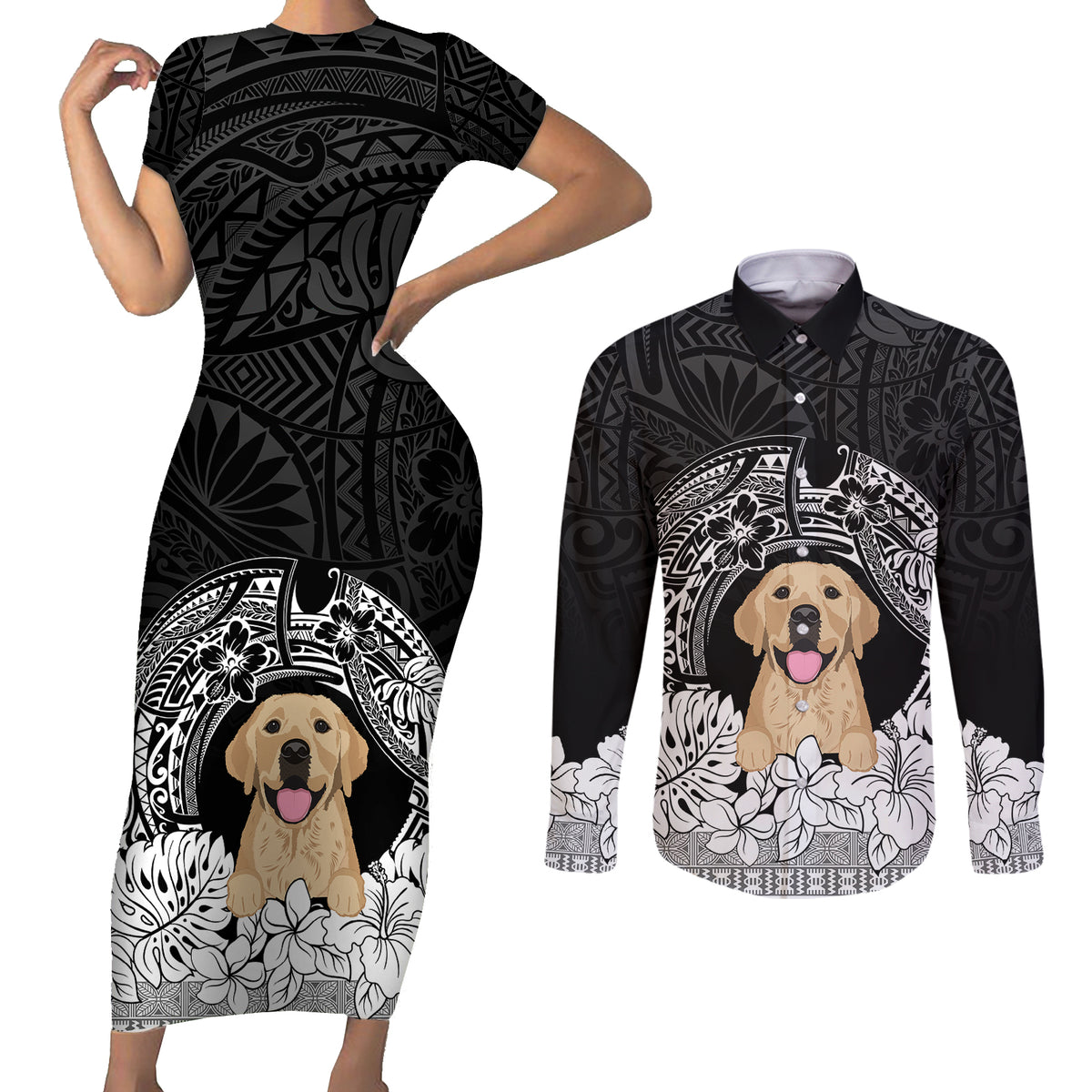 Personalised Dog Couples Matching Short Sleeve Bodycon Dress and Long Sleeve Button Shirts Golden Retriever With Polynesian Tapa Arch LT7 - Wonder Print Shop