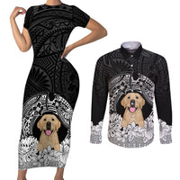 Personalised Dog Couples Matching Short Sleeve Bodycon Dress and Long Sleeve Button Shirts Golden Retriever With Polynesian Tapa Arch LT7 - Wonder Print Shop