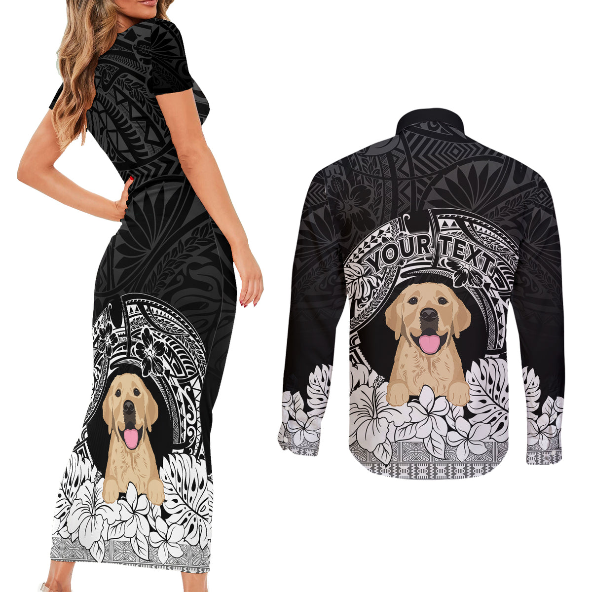 Personalised Dog Couples Matching Short Sleeve Bodycon Dress and Long Sleeve Button Shirts Golden Retriever With Polynesian Tapa Arch LT7 - Wonder Print Shop