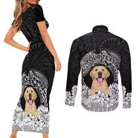 Personalised Dog Couples Matching Short Sleeve Bodycon Dress and Long Sleeve Button Shirts Golden Retriever With Polynesian Tapa Arch LT7 - Wonder Print Shop