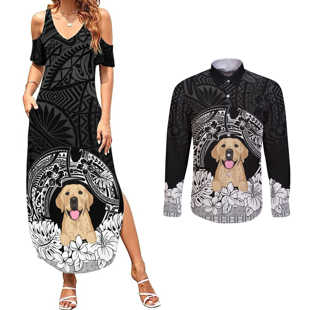 Personalised Dog Couples Matching Summer Maxi Dress and Long Sleeve Button Shirts Golden Retriever With Polynesian Tapa Arch LT7 - Wonder Print Shop