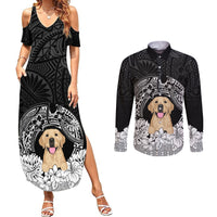 Personalised Dog Couples Matching Summer Maxi Dress and Long Sleeve Button Shirts Golden Retriever With Polynesian Tapa Arch LT7 - Wonder Print Shop