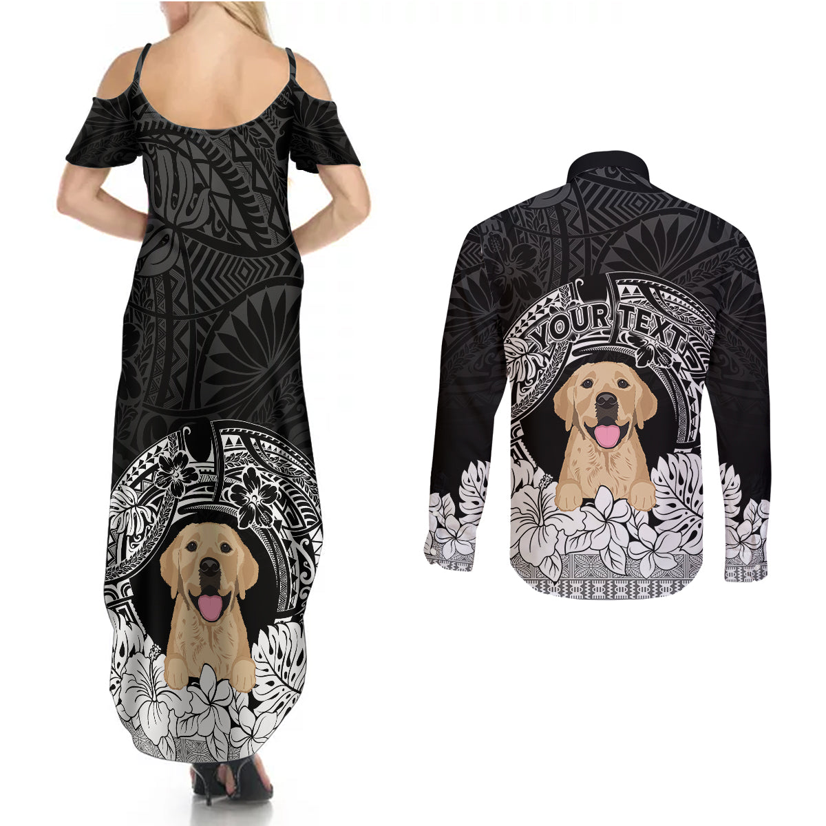 Personalised Dog Couples Matching Summer Maxi Dress and Long Sleeve Button Shirts Golden Retriever With Polynesian Tapa Arch LT7 - Wonder Print Shop