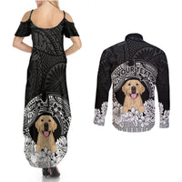 Personalised Dog Couples Matching Summer Maxi Dress and Long Sleeve Button Shirts Golden Retriever With Polynesian Tapa Arch LT7 - Wonder Print Shop
