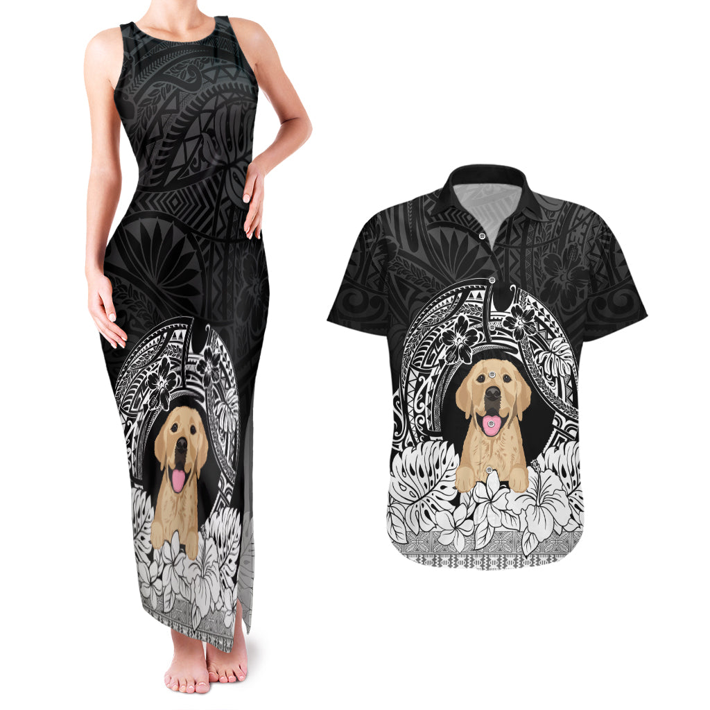 Personalised Dog Couples Matching Tank Maxi Dress And Hawaiian Shirt Golden Retriever With Polynesian Tapa Arch LT7 - Wonder Print Shop