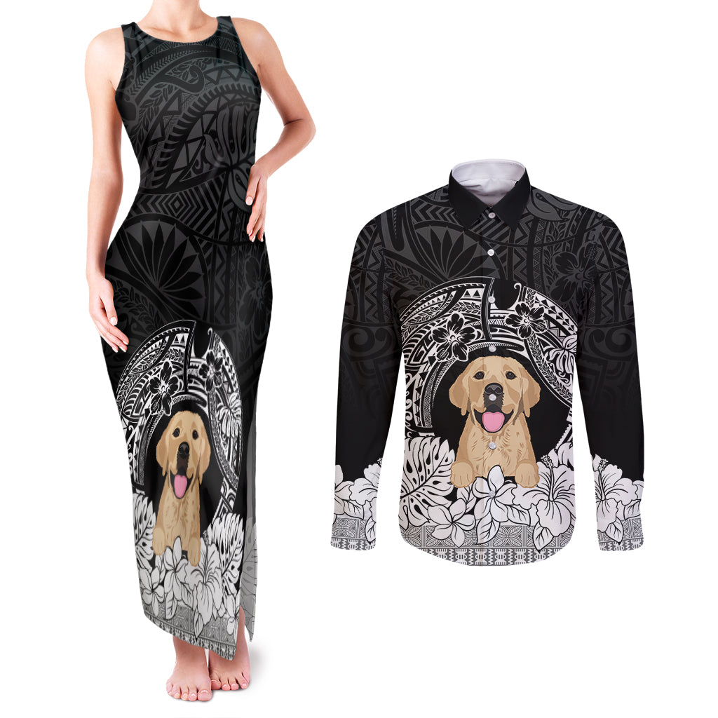 Personalised Dog Couples Matching Tank Maxi Dress and Long Sleeve Button Shirts Golden Retriever With Polynesian Tapa Arch LT7 - Wonder Print Shop