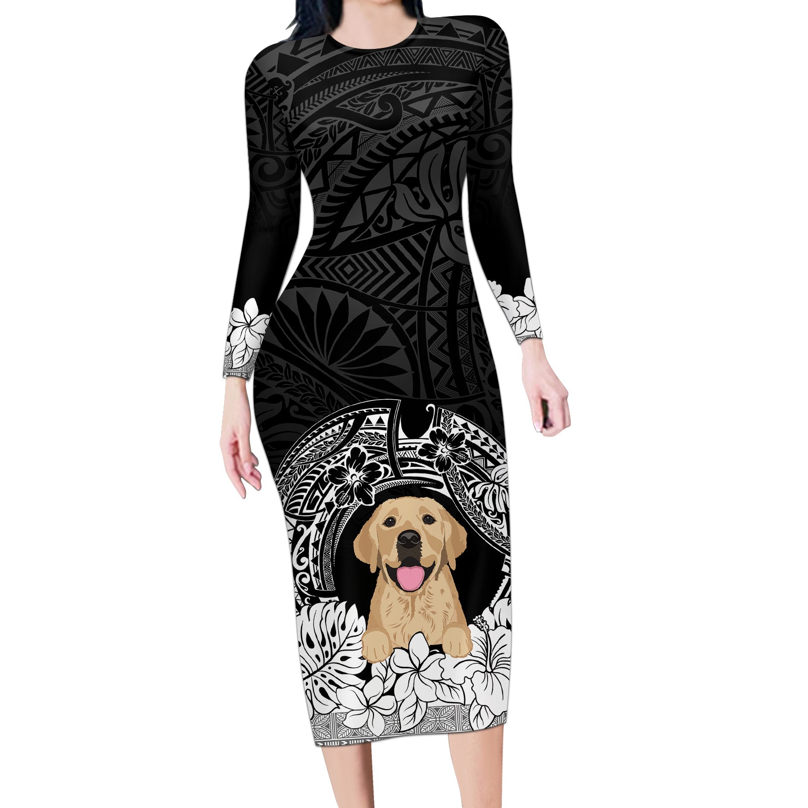 Personalised Dog Long Sleeve Bodycon Dress Golden Retriever With Polynesian Tapa Arch - Wonder Print Shop
