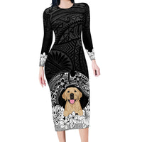 Personalised Dog Long Sleeve Bodycon Dress Golden Retriever With Polynesian Tapa Arch - Wonder Print Shop
