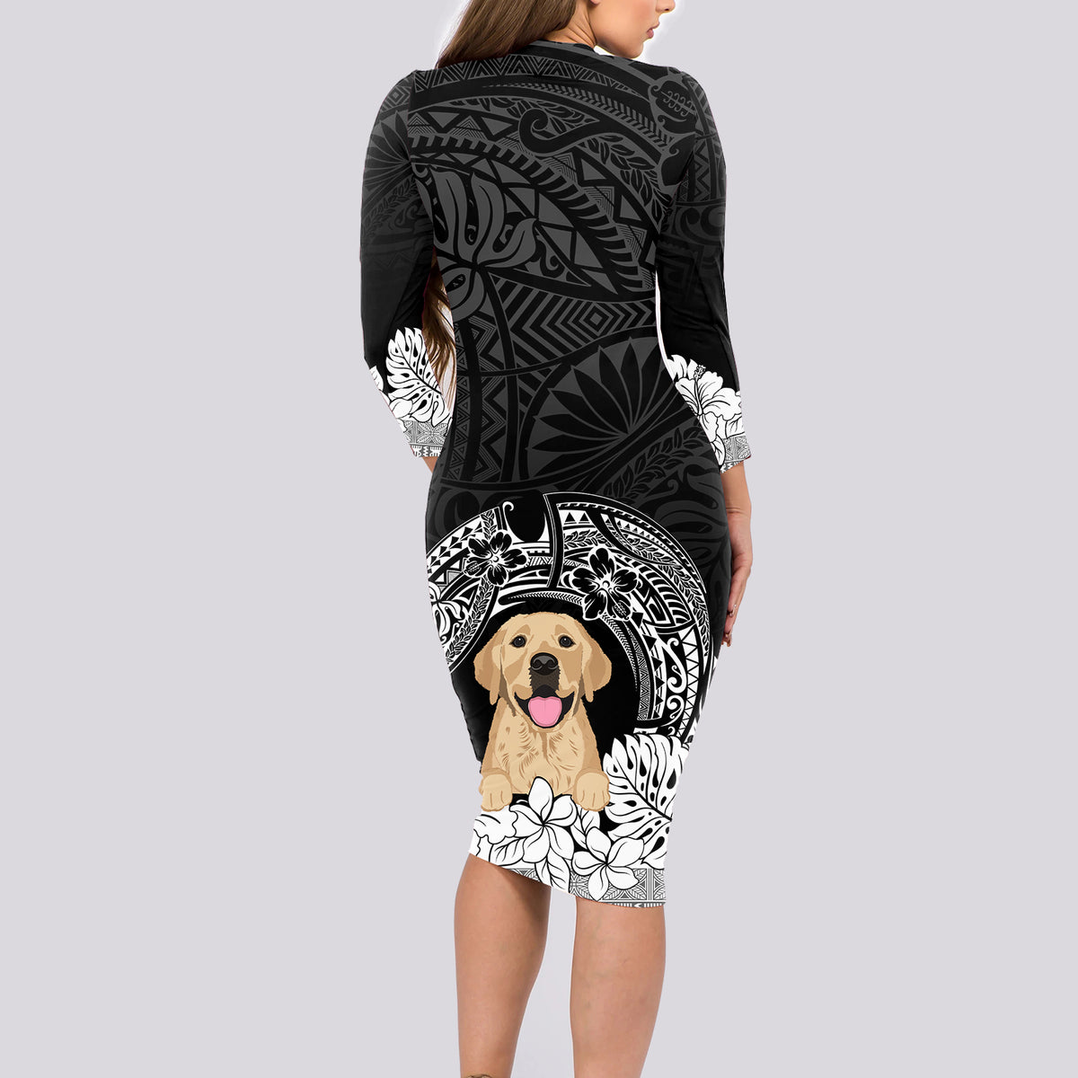 Personalised Dog Long Sleeve Bodycon Dress Golden Retriever With Polynesian Tapa Arch - Wonder Print Shop