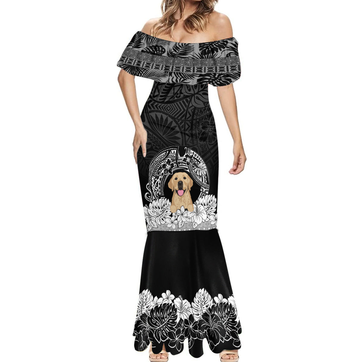 Personalised Dog Mermaid Dress Golden Retriever With Polynesian Tapa Arch - Wonder Print Shop