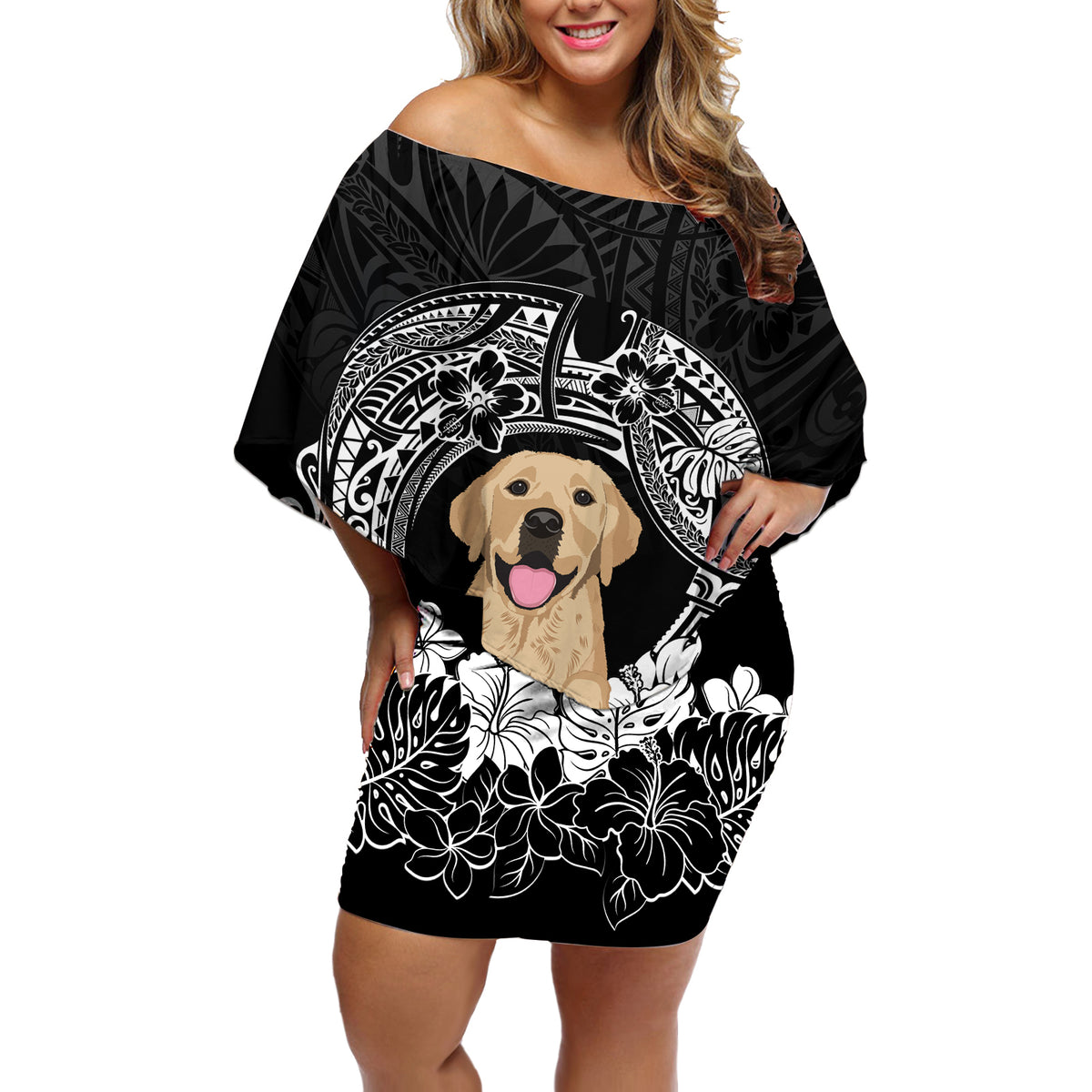 Personalised Dog Off Shoulder Short Dress Golden Retriever With Polynesian Tapa Arch - Wonder Print Shop