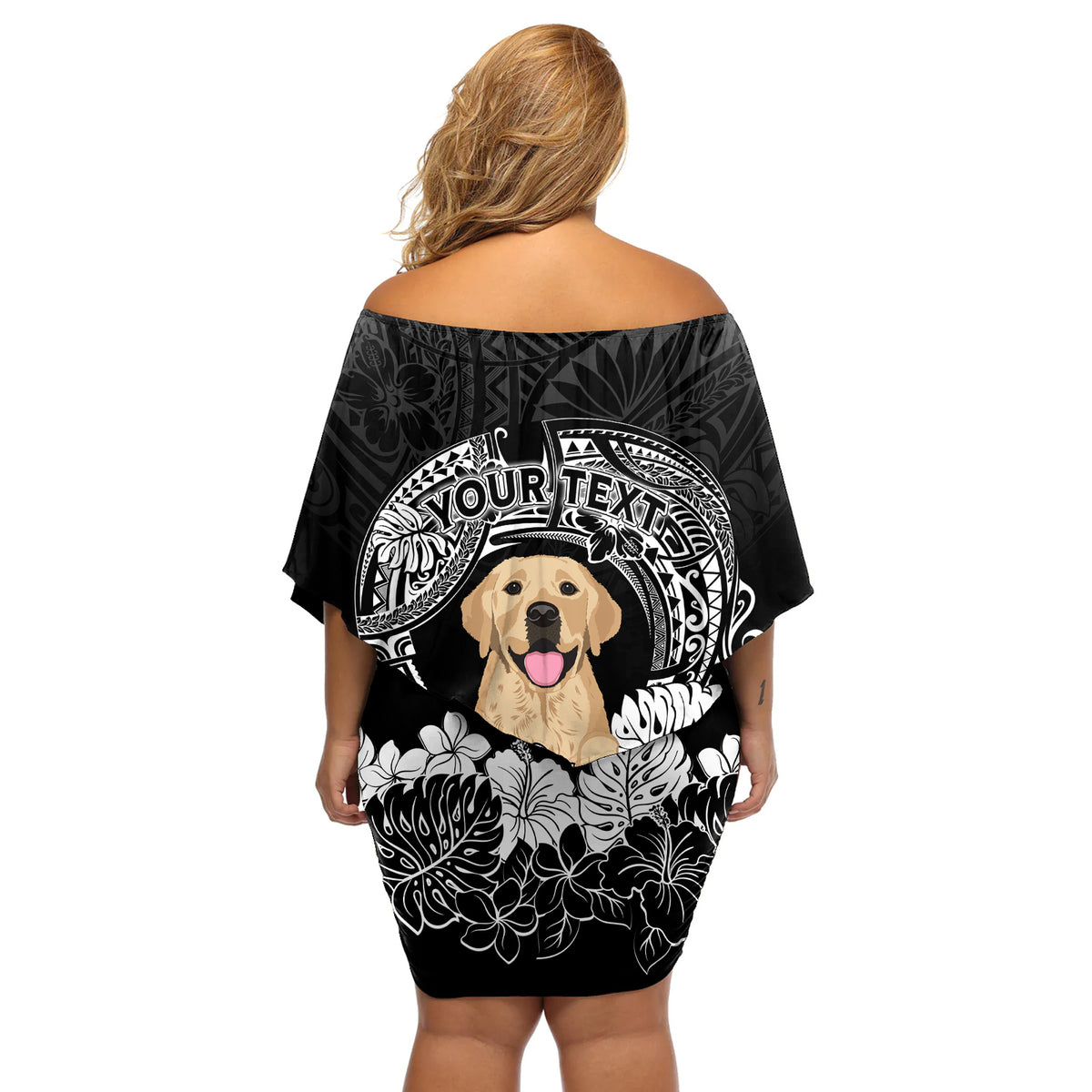Personalised Dog Off Shoulder Short Dress Golden Retriever With Polynesian Tapa Arch - Wonder Print Shop