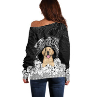 Personalised Dog Off Shoulder Sweater Golden Retriever With Polynesian Tapa Arch - Wonder Print Shop