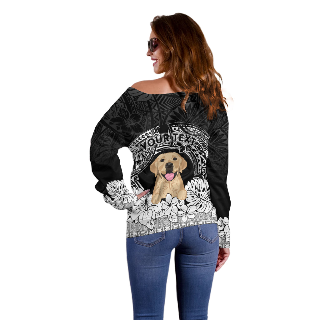 Personalised Dog Off Shoulder Sweater Golden Retriever With Polynesian Tapa Arch - Wonder Print Shop